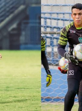 O atacante Alex Santos e o goleiro Paulo Henrique. Foto: Ismael Monteiro/Manaus FC