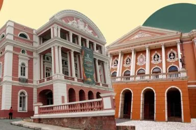 Teatros da Amazônia - Teatro Amazonas e Theatro da Paz. Ilustração: Portal Edilene Mafra