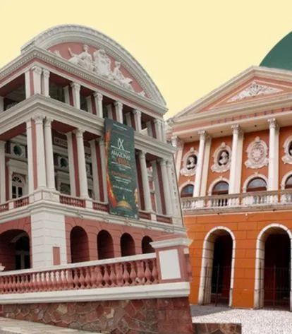 Teatros da Amazônia - Teatro Amazonas e Theatro da Paz. Ilustração: Portal Edilene Mafra