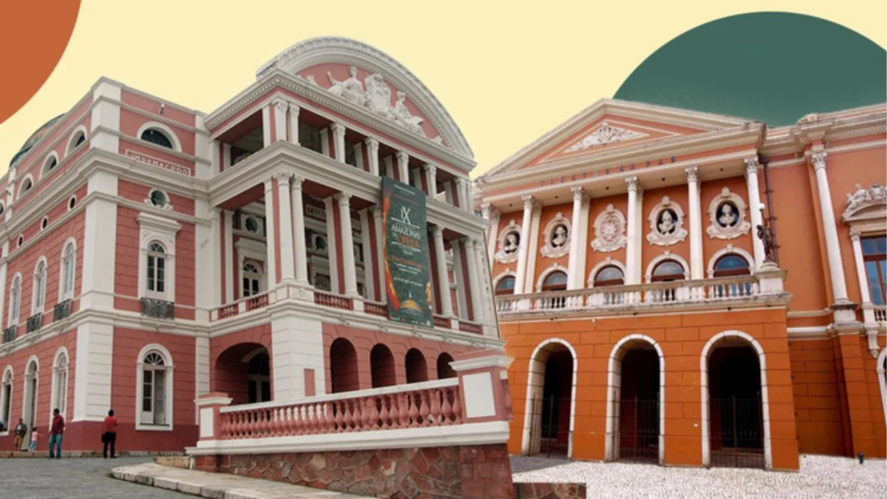 Teatros da Amazônia - Teatro Amazonas e Theatro da Paz. Ilustração: Portal Edilene Mafra