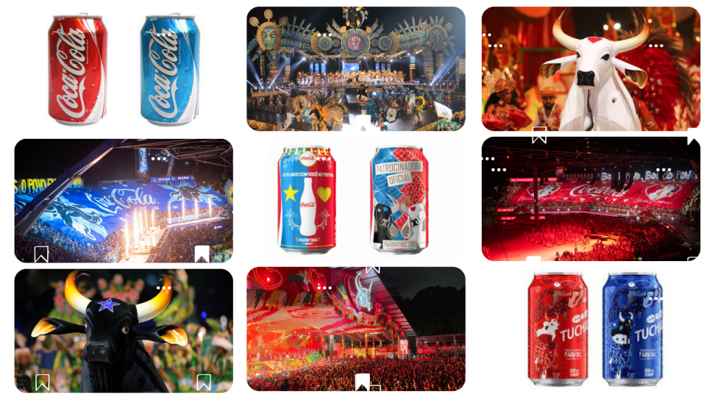 Durante o Festival Folclórico de Parintins, a Coca-Cola Brasil colore sua marca com as cores dos bois Garantido e Caprichoso — um gesto simbólico que une tradição e branding cultural. Há 29 anos patrocinando o evento, a marca reforça sua conexão com o povo amazônico e o compromisso com a sustentabilidade por meio de iniciativas como o programa Recicla, Galera, que já recolheu mais de 27 toneladas de resíduos recicláveis na ilha.