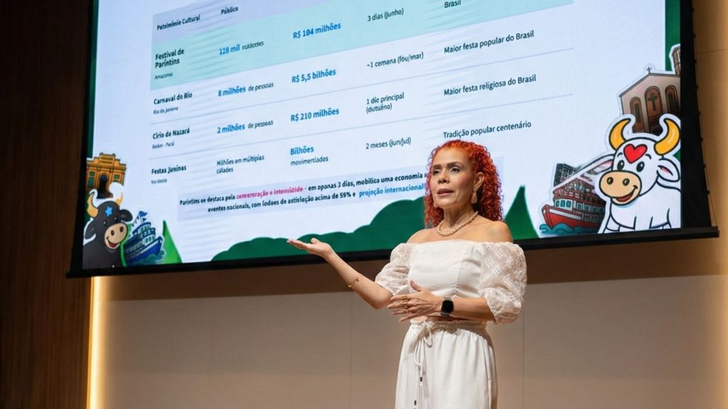 A jornalista e doutora Edilene Mafra, de vestido branco, ministra uma palestra. Ao fundo, um telão exibe dados comparativos sobre grandes eventos culturais do Brasil, como o Festival de Parintins, ilustrado com um boi-bumbá.