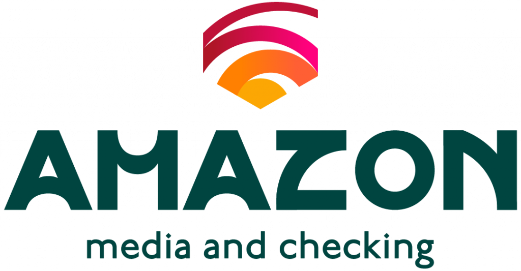 Logotipo da Amazon Media and Checking, com ícone em arcos nas cores vermelho, rosa e laranja sobre o nome 'Amazon' em verde-escuro e o slogan 'media and checking'.