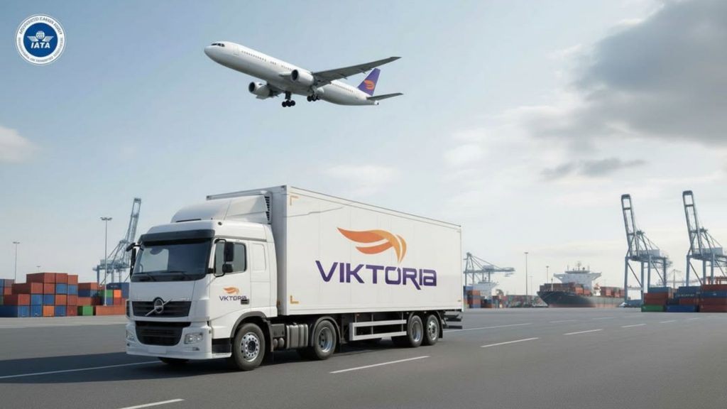 Ilustração de um caminhão da Viktória Cargas em um porto e um avião de carga no céu, representando a logística multimodal.