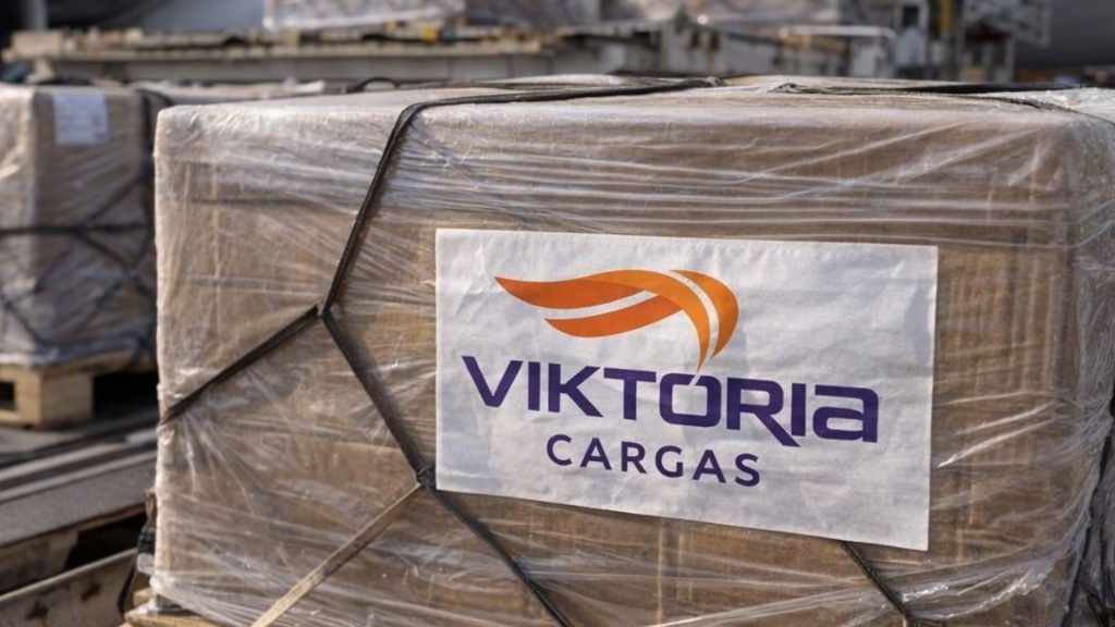 Palete de cargas embalado com plástico e o logo da Viktória Cargas, pronto para transporte seguro.