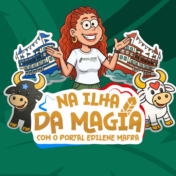 Edilene Mafra com Boi Caprichoso azul e Boi Garantido vermelho - Portal Edilene Mafra Caprichoso Garantido Parintins 2026